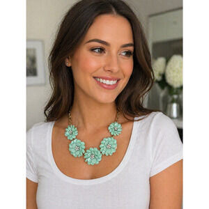 Mint Green Floral Statement Necklace Rhinestone Flower Bib Spring Summer Jewelry